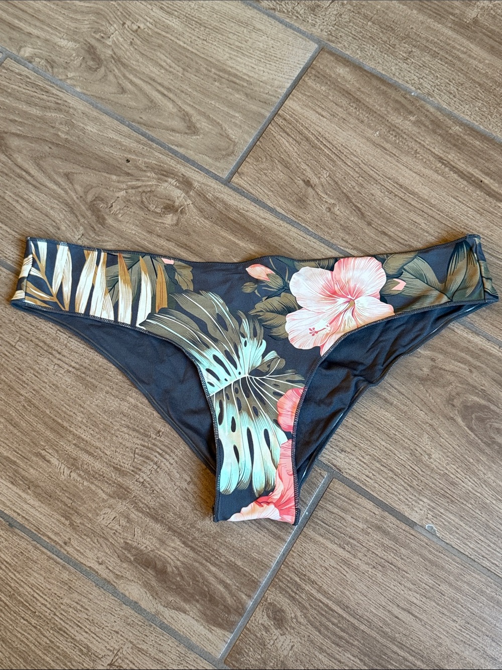 Rip Curl Black Tropical Floral Bikini Bottom with Pink Hibiscus